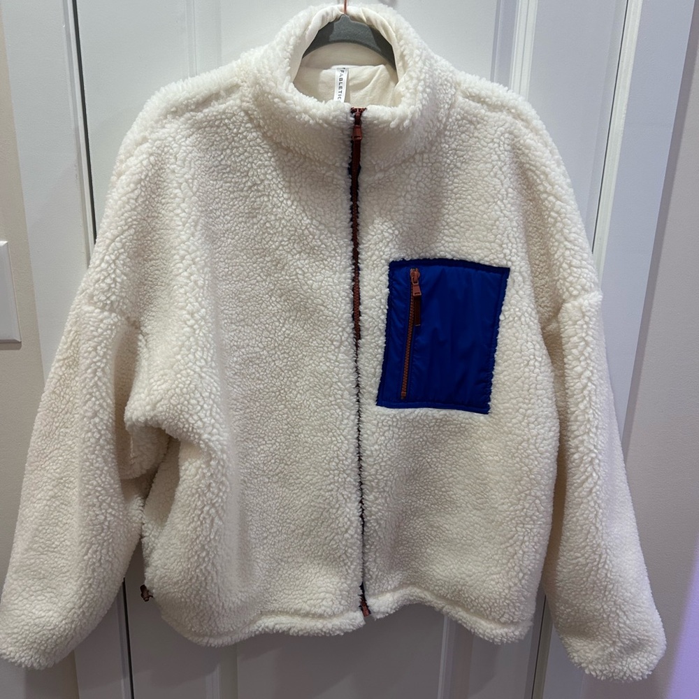 Fabletics Cream Teddy Jacket with Blue Pocket